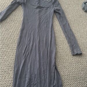 Elegant Gray Ribbed Long Sleeve Dress